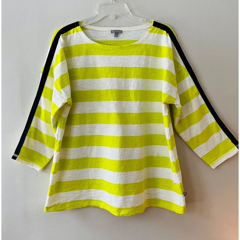 T‎ by TALBOTS Sz XL White Neon Lime Green Pullover Crepe Fabric Blouse Top